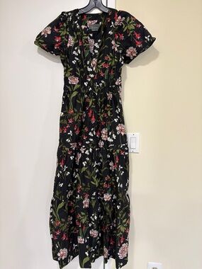 BRAND NEW! Anthropologie Black Maxi Dress with Green, Pink & Red Floral Print